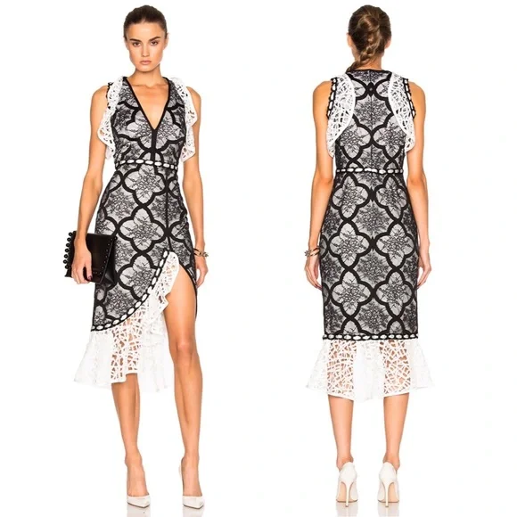 Alexis Emily Black and White Lace Ruffle Cap Sleeve Midi Dress with Side Slit XS - Picture 16 of 16